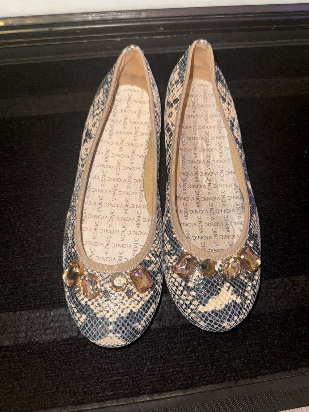 Vionic Beige and Blue Snake-Print Gem-Embellished Ballet Flats
